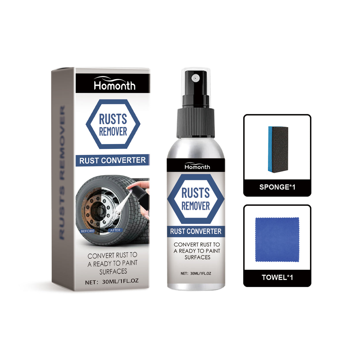 Homonth Automobile Tire Rust Spray, Dust Cleaning Steel Ring Rust Polishing Clean Wheel Rust Remover