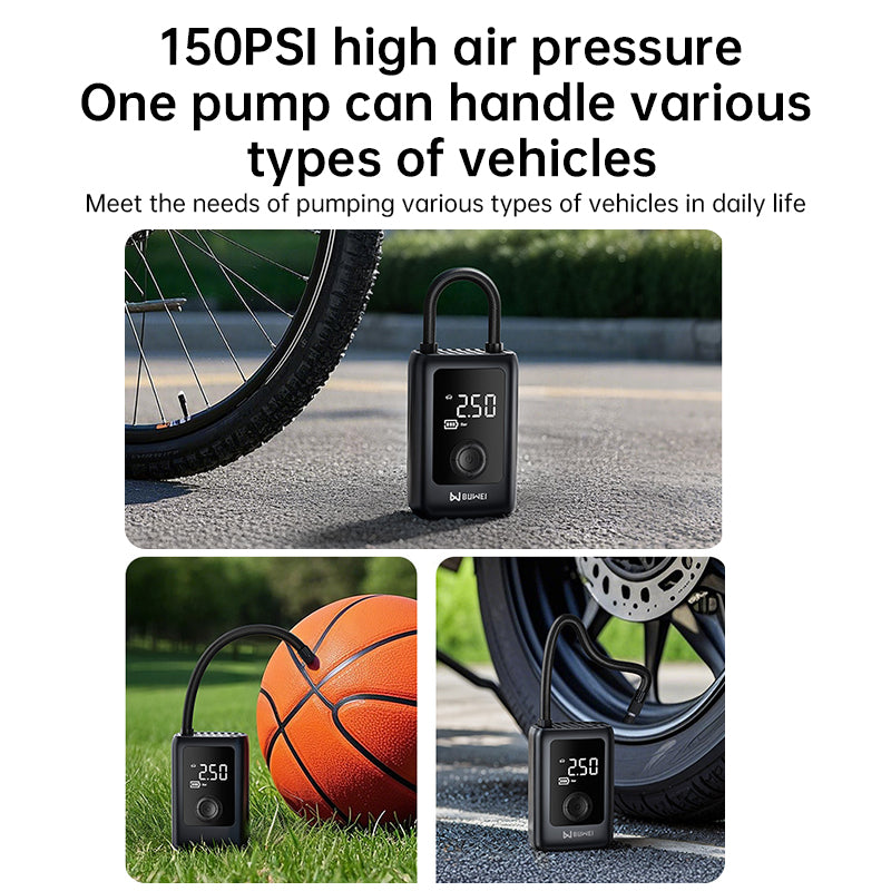 150PSI Rechargeable Electric Tire Pump with Light & LCD: for cars, bikes